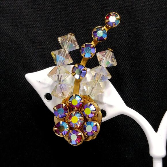 1950s Red Aurora Borealis Crystal Ear Climber Earrings Vintage Clip On Jewelry - Picture 2 of 10